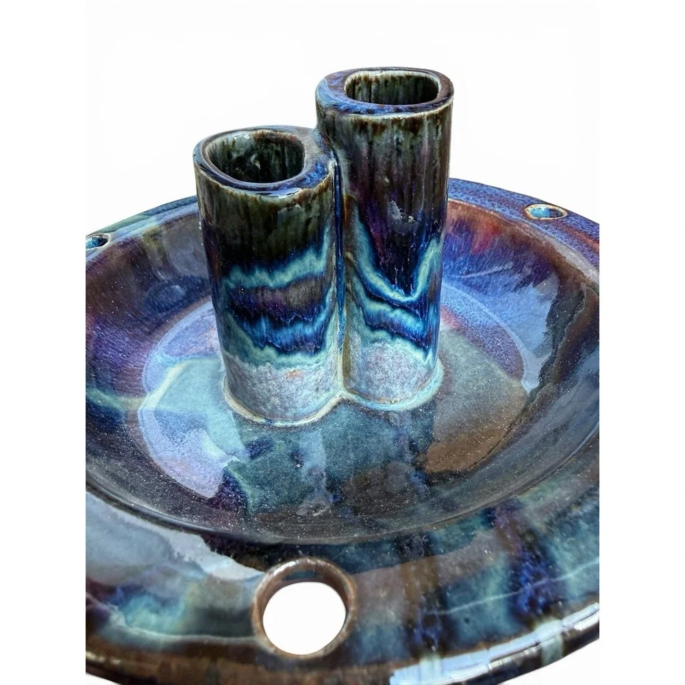 Vintage Art Pottery Ikebana Bowl Vase 3 Flutes Artisan Signed Piece Blue Glaze